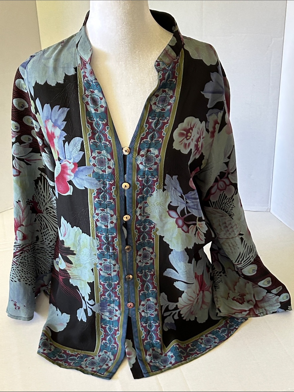 CITRON JAPANESE KIMONO SILK ART PEACOCK MANDARIN COLLAR BLOUSE SZ M